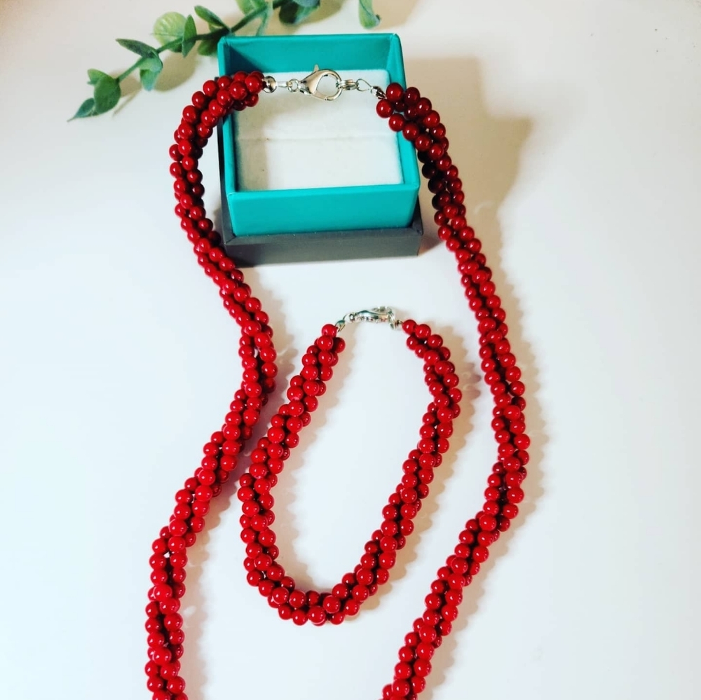 Beautiful red coral necklace and bracelet set